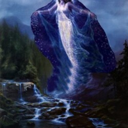 A painting of a waterfall with a person in the middle.